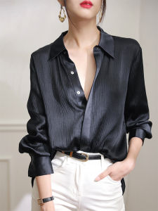Áo Blouse Dài Tay Đen Bóng Sang Trọng Kiểu Pháp