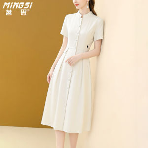 MINGSI | Đầm Hè Cao Cấp Tinh Tế Tay Ngắn Ôm Dáng Cổ Đứng