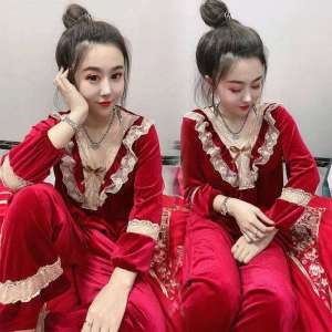 Red Velvet Sleepwear Womens Home Clothes Snake Year Zodiac New Arrival Long Sleeve Yoga Fitness Ensemble Nine Points Pants