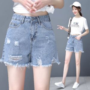 Quần Short Denim Mỏng Cạp Cao Mùa Hè Cho Nữ Quần Jeans Ống Đứng Cỡ Nhỏ Mới Quần Jeans Rách Phong Cách Rộng Rãi