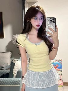 Pure Desire Yellow Collar T-Shirt Womens Slim Fit Short Sleeve Butterfly Knot Splice Summer Fashionable Versatile Top