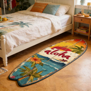 Thảm Trải Sàn Hình Ván Lướt Sóng VIKAMA Vintage Aloha Hawaii Palm Hibiscus In Hình Hoa Dừa Mềm Mại Chống Trượt Cho Phòng Ngủ Đầu Giường Có Thể Giặt Bằng Máy