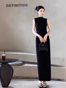 XIAOQIAOJIA | French Style Black Sleeveless Vest Dress Women Summer New Hepburn Waist Cinching Slim Long Skirt High Waist A-Line Dress