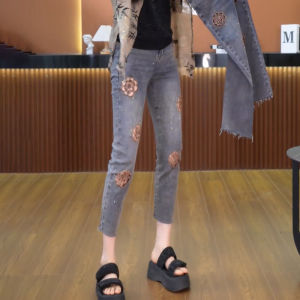 plus Size Womens Slimming Ankle-Length Embroidered Denim Pants High Waist Cotton Stretch Fabric Wear Resistant Straight Leg Jeans