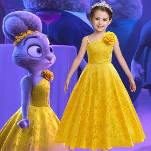 Girls Elegant Long Dress Yellow One Shoulder Embroidered Carnival Party Outfit Animation Movie Same Style Casual Dress