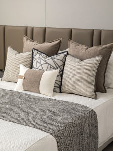 ชุดผ้าคลุมเตียงสไตล์จีนใหม่ 11 ชิ้น ผ้าฝ้ายลินินสีเทา ผ้าคลุมเตียงโรงแรม ผ้าคลุมท้ายเตียง หมอนอุปกรณ์เสริม ชุดผ้าคลุมเตียง