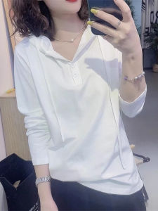 Casual Fashionable Long Sleeve Hoodie T-Shirt Womens Pure Color Top Trendy Commute Style Korean Version Polyester Fabric