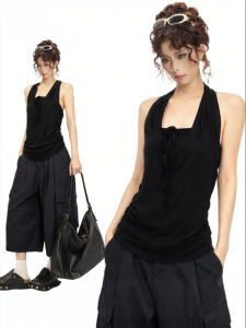 EVPGB | Elegant Black Fake Two Piece Halter Top Tank for Summer