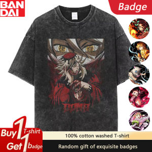 Demon Slayer Anime Douma Print Retro Washed T-shirt Summer Pure Cotton Mens and Womens Plus Size Loose Casual sleeved top