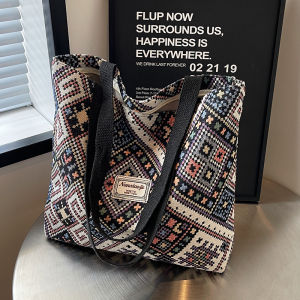 Large Capacity Commuter Tote Bag Ethnic Style Canvas Shoulder Bag for College Students Daily Use Soft Handbag Geometry Pattern