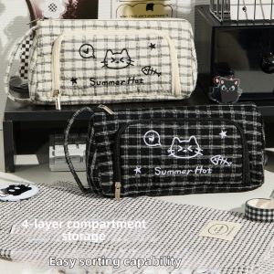 DANLIE | Dan Lie Plaid Cat Pattern Large Capacity Minimalist Multi-functional Anti-dirty School Supplies Bag