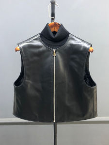 Simple Design Short Leather Vest Womens Autumn Winter Fashion Sheepskin Retro Zipper Jacket Stand Collar Mini Size Coat