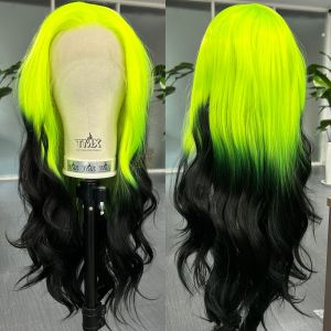 Mái Tóc Giả Tổng Hợp Màu Xanh Neon Ombre Dài Sóng Body Kiểu Tóc Mái Lưới 13x4 Chia Ngôi Tự Do Nhuộm Màu Dành Cho Nữ Có Điểm Nhấn Màu Đen Chuyển Sắc.