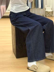 Deep Blue Wide Leg Denim Jeans Womens Autumn Winter Fleece High Waist Slimming Straight Floor-Length Pants