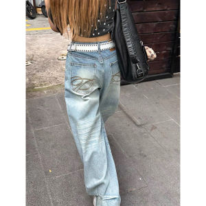 ZHIZOU Vintage Y2k Embroidery Jeans Women Blue High Waist Straight Baggy Denim Trousers American Retro 90s Street Wide Leg Jeans