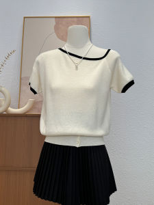 Fashionable Knitted Short Sleeve T-Shirt Womens Summer Thin Style Chic Waist-Cinching Versatile Base Layer Top Shoulder Bared Side Neck Design