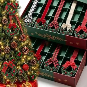 5Pcs Christmas Kitchen Cabinet Wreath with Ribbon Mini Christmas Berry Bow Small Wreath Pendant Xmas Decor for Window Door