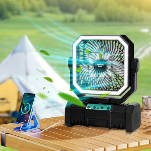 Camping Fan 20000mAh Battery Powered Fan Rechargeable with LED Light Portable Outdoor Tent Fan with Hanging Hook 4 Speeds Wind