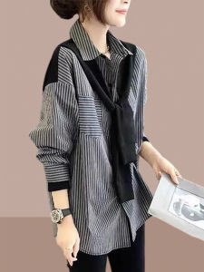 Design Small Fashion Stripe Long Sleeve Fake Two-Piece Shirt