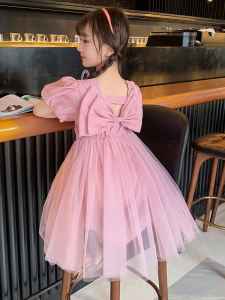 Princess Style Summer Dress for Girls with Bow Knot Korean Version round Neck Bubble Sleeve Cotton Blend Midi Dress