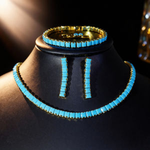 SEQUITO Luxury Brides Clothes Accessories Pave Setting Square Blue AAA Cubic Zirconia Delicate Drop Earrings Chain Necklace Bracelet Jewelry Set SJ463