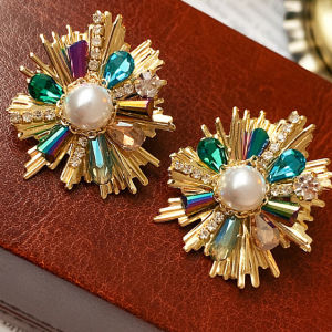 Ethnic Style Rhinestone Crystal Flower Pearl Stud Earrings for Women Vintage Creative Design Earring Fashion Jewelry Wholesale