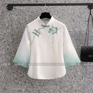 New Chinese Style Workwear Womens Beauty Salon Health Care Center Hanfu Satin Pants Set Improved Cheongsam Top Spring Summer