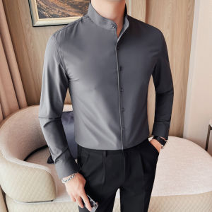 New Chinese Style Mens Long Sleeve Slim Fit Stand Collar White Shirt Casual Versatile Fashionable Business Casual Base Shirt