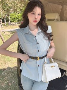 GUZILIAN | Laid-back Style Womens Polo Collar Spliced Shirt Summer Fresh Shoulder Buttonless Top Design Sensation Sleeveless Blouse
