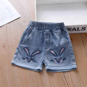 Cute Rabbit Thin Denim Shorts Summer Fashionable Outerwear for Girls Childrens Clothing Kids Jeans High Waist Elastic Belt