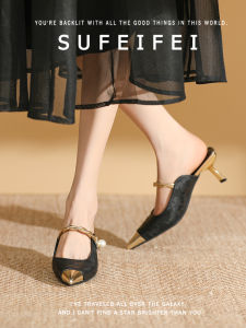 รองเท้าส้นสูงแบบสวมครึ่งนิ้วสำหรับผู้หญิง ทรงหวาน ส่วนบนทำจากหนังไนลอน ด้านในทำจากหนังแกะ รองเท้าลำลองสำหรับใส่ไปทำงาน