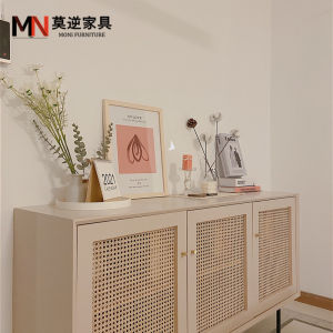 Scandinavian Solid Wood Sideboard Rattan Tea Cabinet Modern Minimalist Side Cabinet Hallway Storage Cabinet Living Room TV Locker