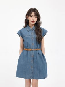 XinmonLee Faded Denim A-Line Mini Dress Slimming Waist Design Summer New Style Elegant T-Shirt Dress Commute Friendly