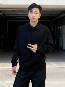 เสื้อโปโลแขนยาวสีดำ ทรงหลวม สไตล์สตรีท สำหรับผู้ชาย ฤดูใบไม้ร่วง วัสดุผ้าฝ้าย ทรงหลวม ปกติ คอกลม ระบายอากาศได้ดี