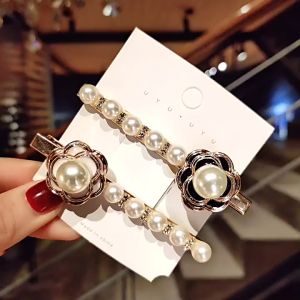 Korean 1 Pcs Pearl Rhinestone Camellia Flowers Clip日韩珍珠水钻山茶花一字夹