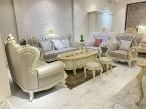 Bộ sofa phòng khách tân cổ điển dát vàng gỗ tự nhiên bọc da bò 9980B-DV