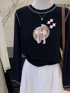 Pure Cotton Long Sleeve T-Shirt Womens New Chinese Style Slim Fit Fashionable Base Layer Shirt Top for Autumn Winter