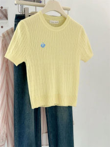 Yellow Embroidered Knitted Short Sleeve T-Shirt Womens Summer round Neck Shoulder Appropriate Sweet And Spicy Korean Style