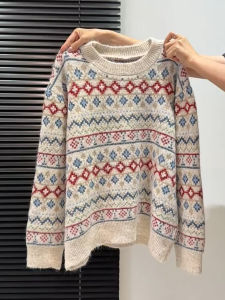 QINGNAER | Vintage Fair Isle Pattern Sweater Slim Fit Loose Wear