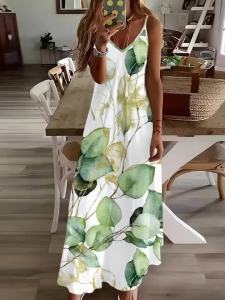 Printed Design Green Leaves Gold Accents White Background Four Seasons elegant style casual style sling dress