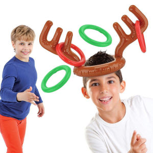 Christmas Game Inflatable Reindeer Antler Hat Ring Toss Game Entertainment Props for Kids Adults Xmas Decor Party Supplies Gift