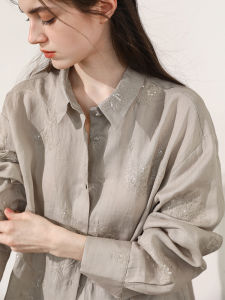 Miccbeirn | Pure Flax Long Sleeve Embroidered Shirt Glittering Simple Commute Loose Casual Style Artistic Comfortable Cotton Linen Top
