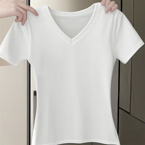 Slim Fit Short Sleeve V-Neck T-Shirt Korean Style Regular Shoulder Design Casual Comfortable Cotton Blue Top for Women