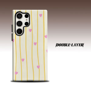 Yellow Stripe Pink Heart For Samsung Galaxy S26 S25 S24 A56 A36 Dual Layer Luxury Fashion Full Lens Protective Case