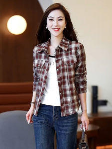 เสื้อเชิ้ตลายสก็อตผู้หญิงทรงหลวมแขนยาวฤดูใบไม้ผลิและฤดูใบไม้ร่วง เสื้อเชิ้ตแบบลำลองสำหรับสวมใส่ไปทำงาน