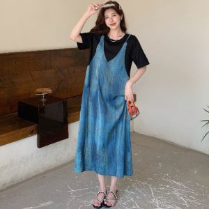 Summer Fashion plus Size Loose Womens Dress Cover Belly T-Shirt Dress Fake Two-Piece Strapless Slimming Casual A-Line Skirt