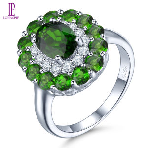 Lohaspie Jewelry Real 2.9 Carats Solid Sterling Silver 925 Ring Original Natural Chrome Diopside Ring 925 Silver Ring Green Gem Chrome Diopside Birthstone Ring For Women Jewelry