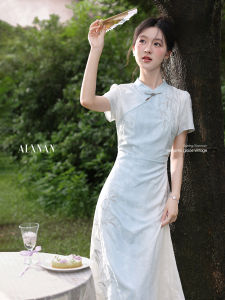 Đầm Cheongsam Phong Cách Trung Quốc Mới Màu Xanh Đời Hè