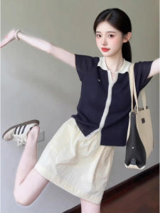 YUEZHONGWEI | Slim Fit Ice Silk Knitted Short Sleeve T-Shirt Women Summer New Style Polo Shirt Top Color Block Collar Design Breathable Moisture Wicking