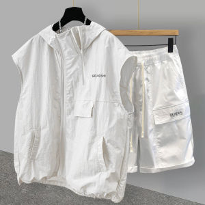 Casual Summer Mens Vest T-Shirt Set Straight Leg Five-Quarter Pants Zippered Workwear Hoodie Trendy Teenage Fashion Ensemble